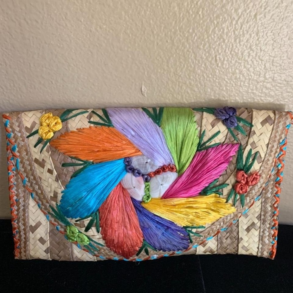 Vintage Palm Raffia Woven Handmade Envelope Clutch Excellent Condition